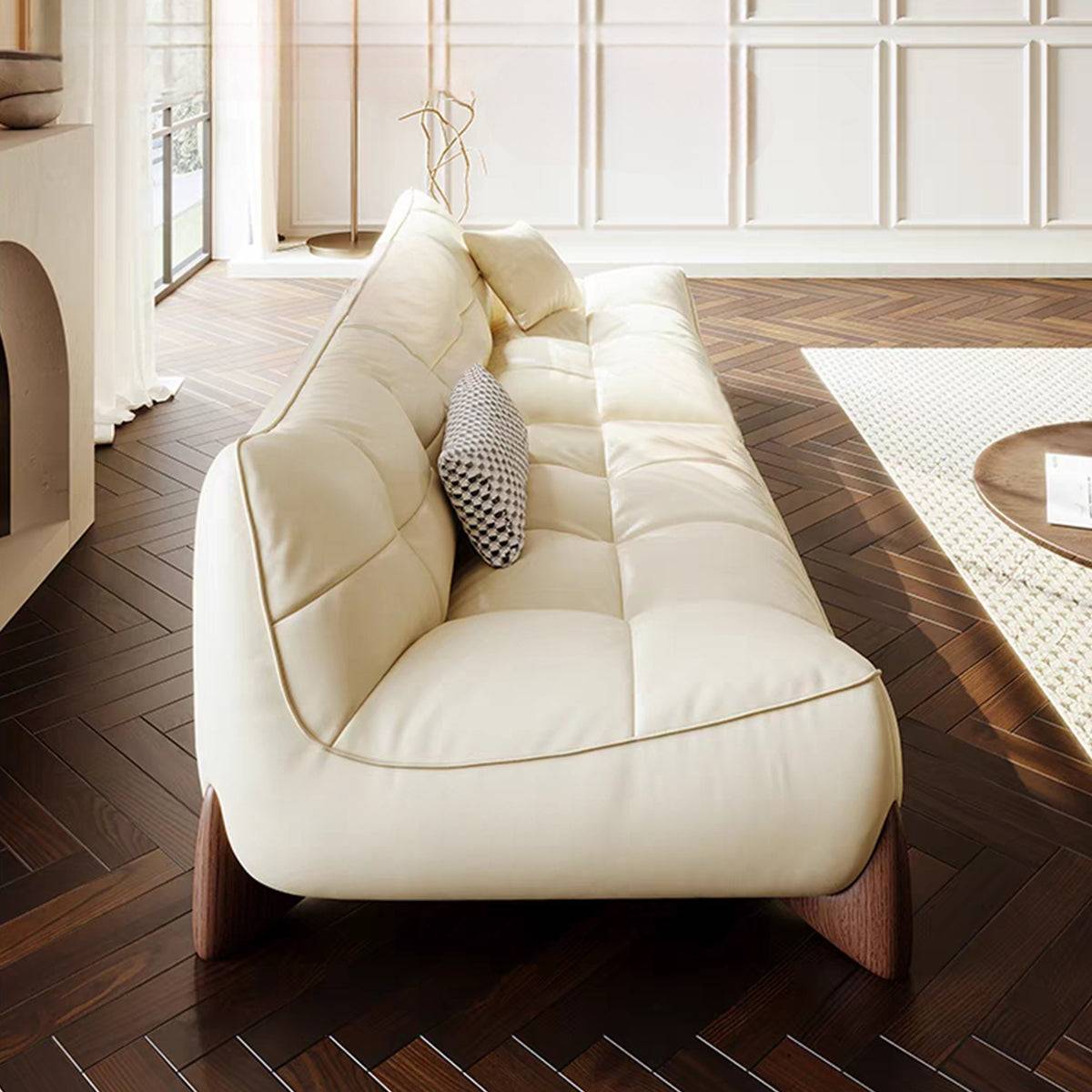 98in Cream Style Leather Straight Row Sofa with Soft Seat