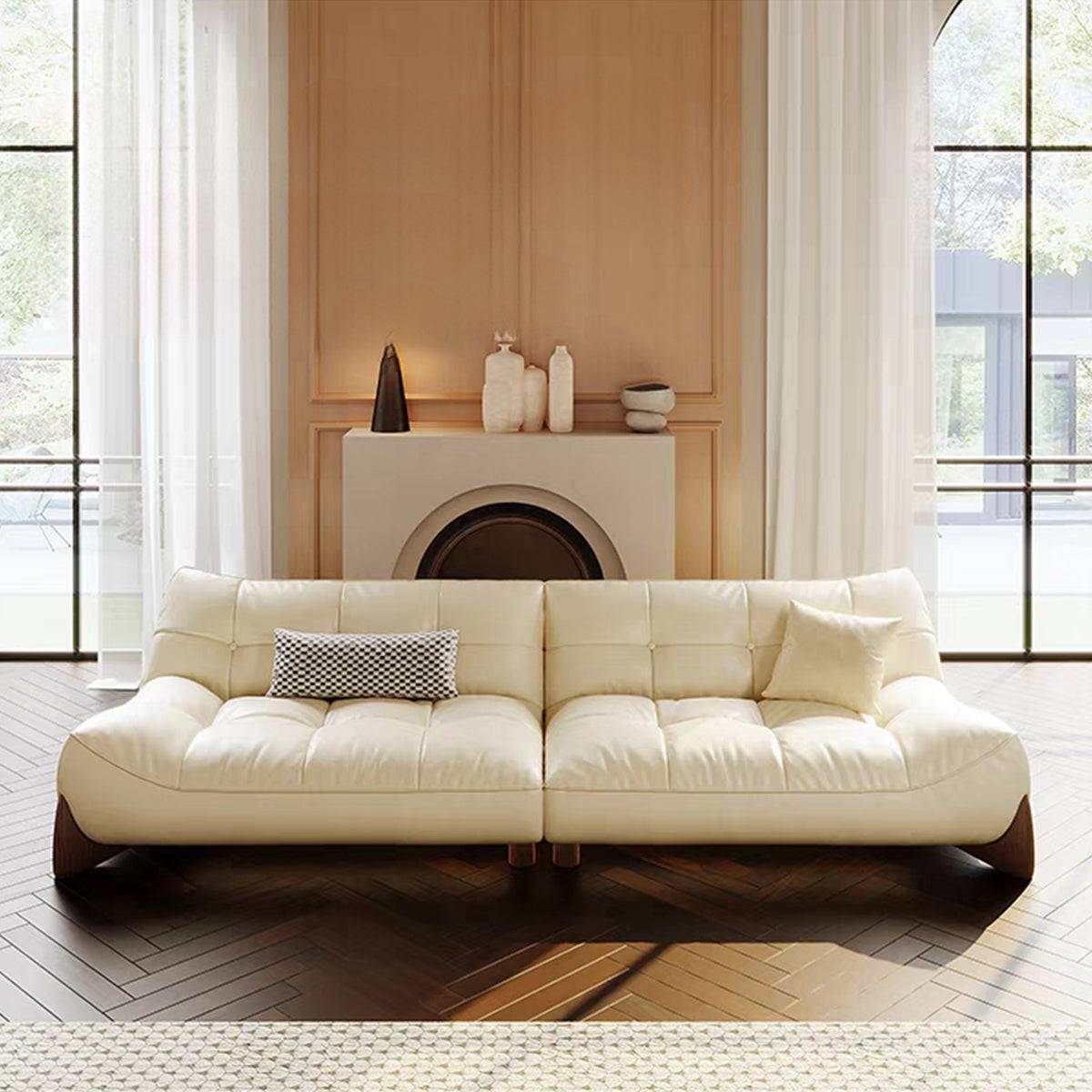 98in Cream Style Leather Straight Row Sofa with Soft Seat