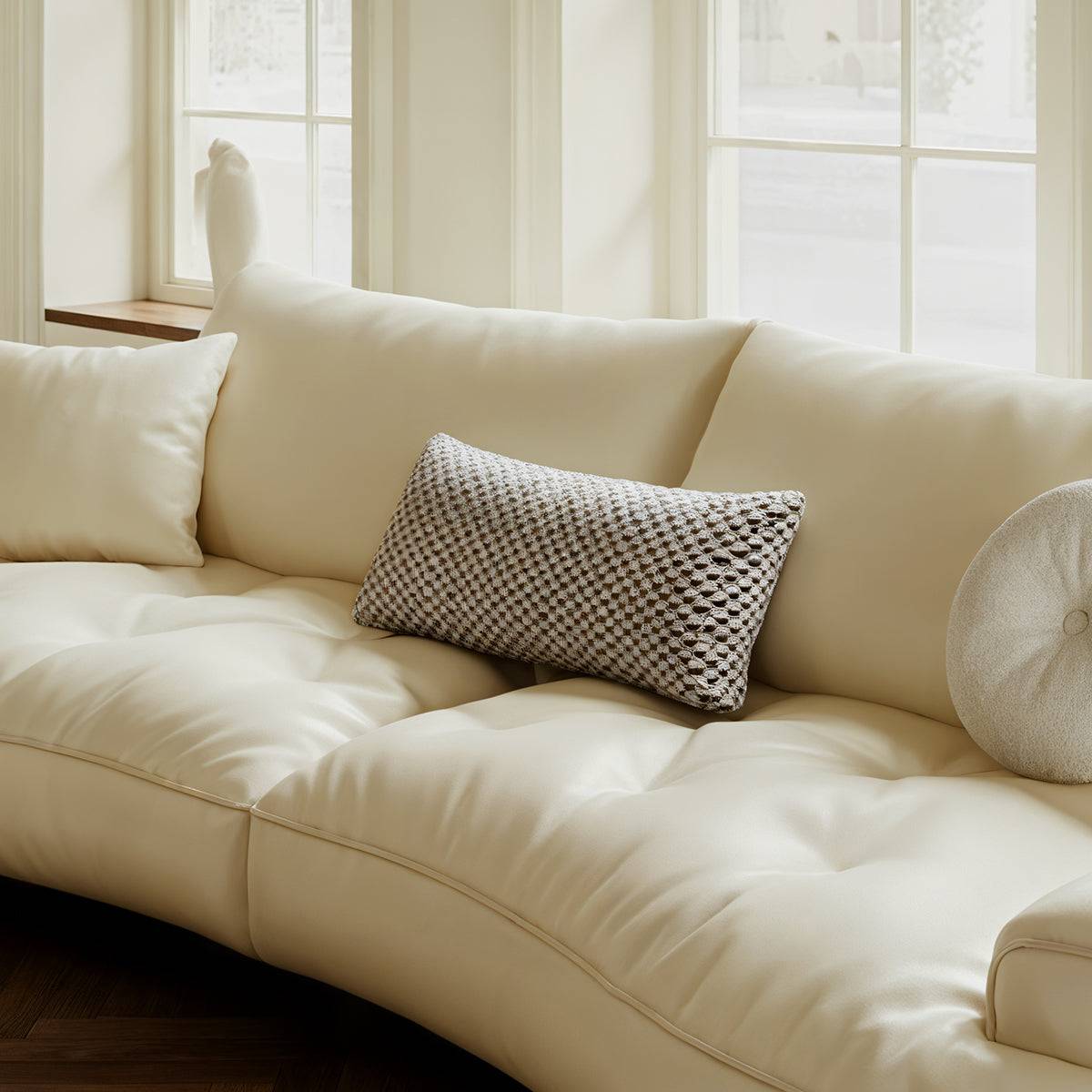 Living Room Curved Leather Sofa with Soft Armrests