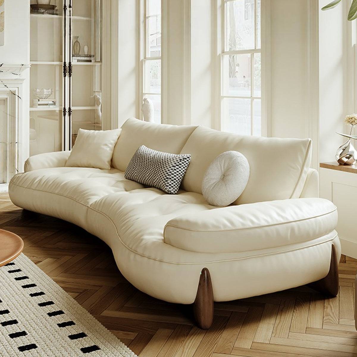 Living Room Curved Leather Sofa with Soft Armrests