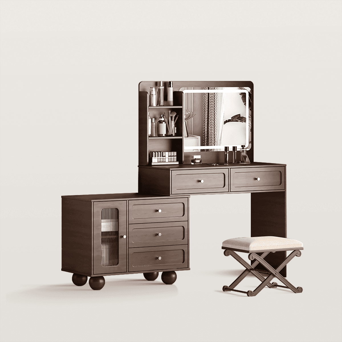 62in Makeup Vanity Set with Storage Shelves & LED Lights