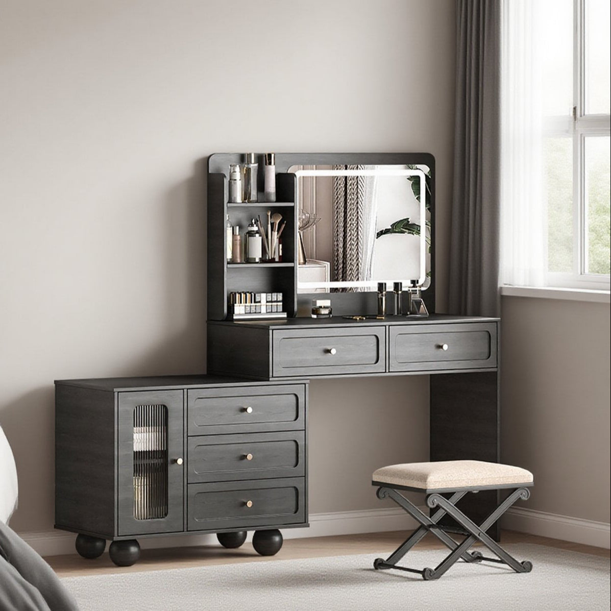 62in Makeup Vanity Set with Storage Shelves & LED Lights