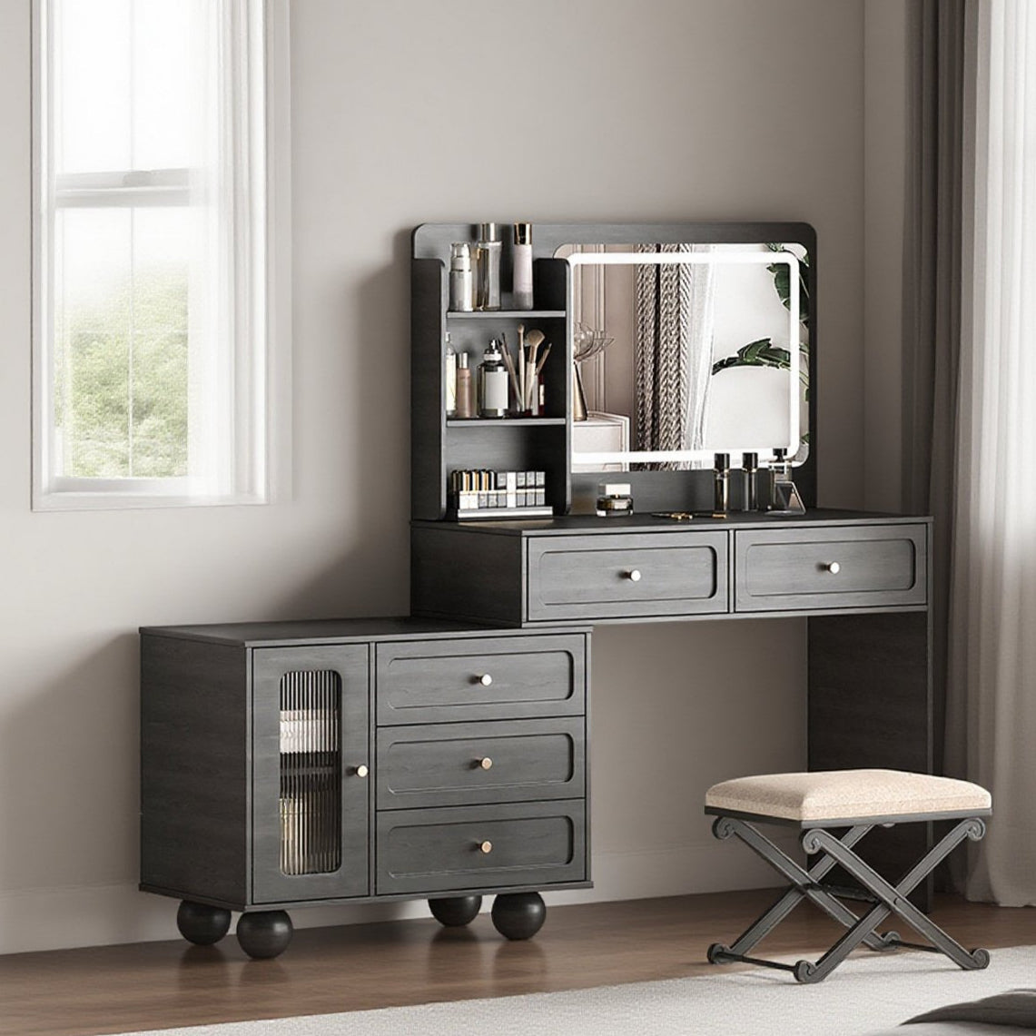 62in Makeup Vanity Set with Storage Shelves & LED Lights