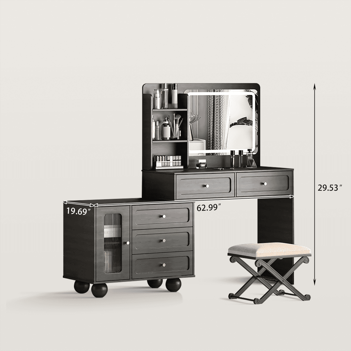 62in Makeup Vanity Set with Storage Shelves & LED Lights