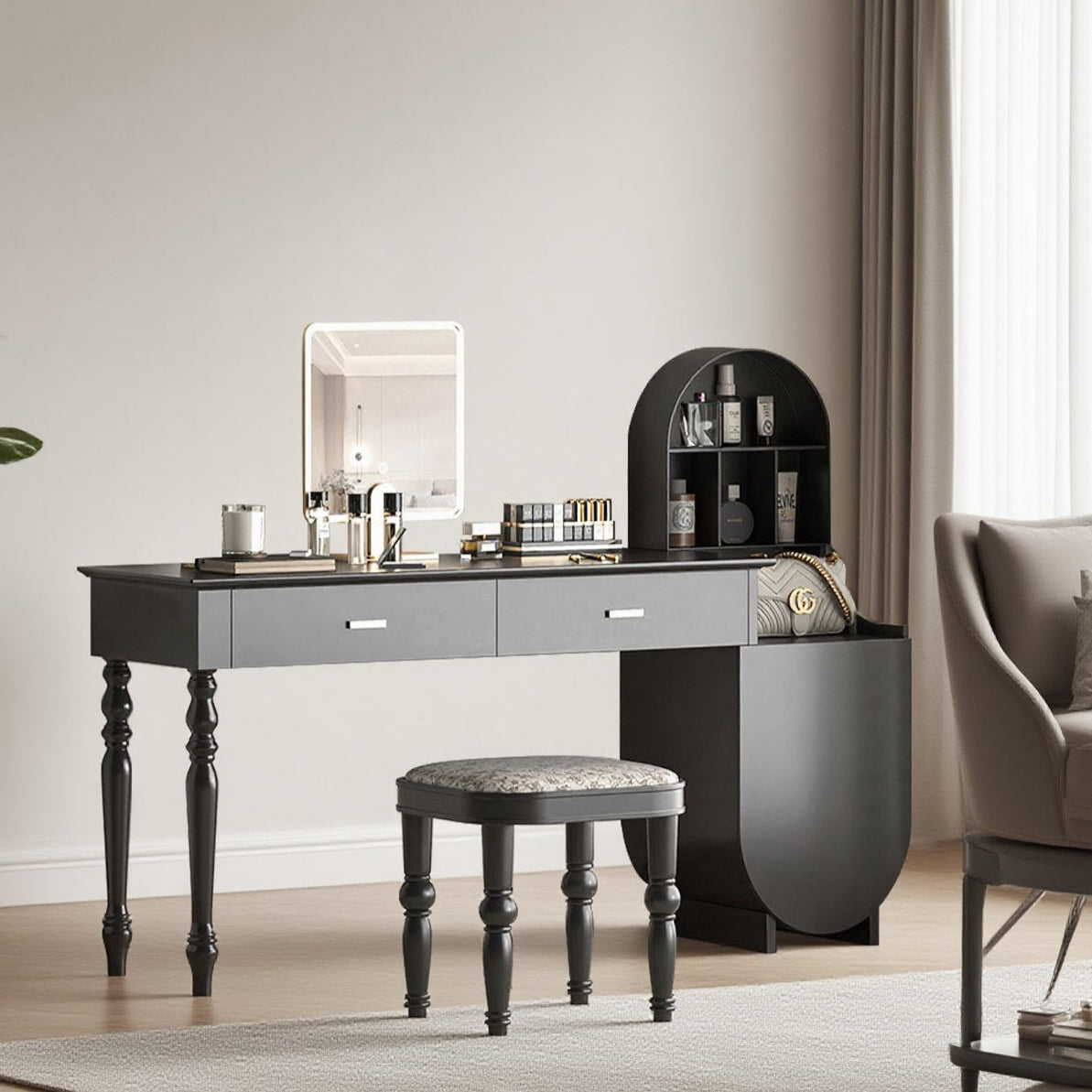 Mid-Century Makeup Vanity with Arched Chest of Drawers