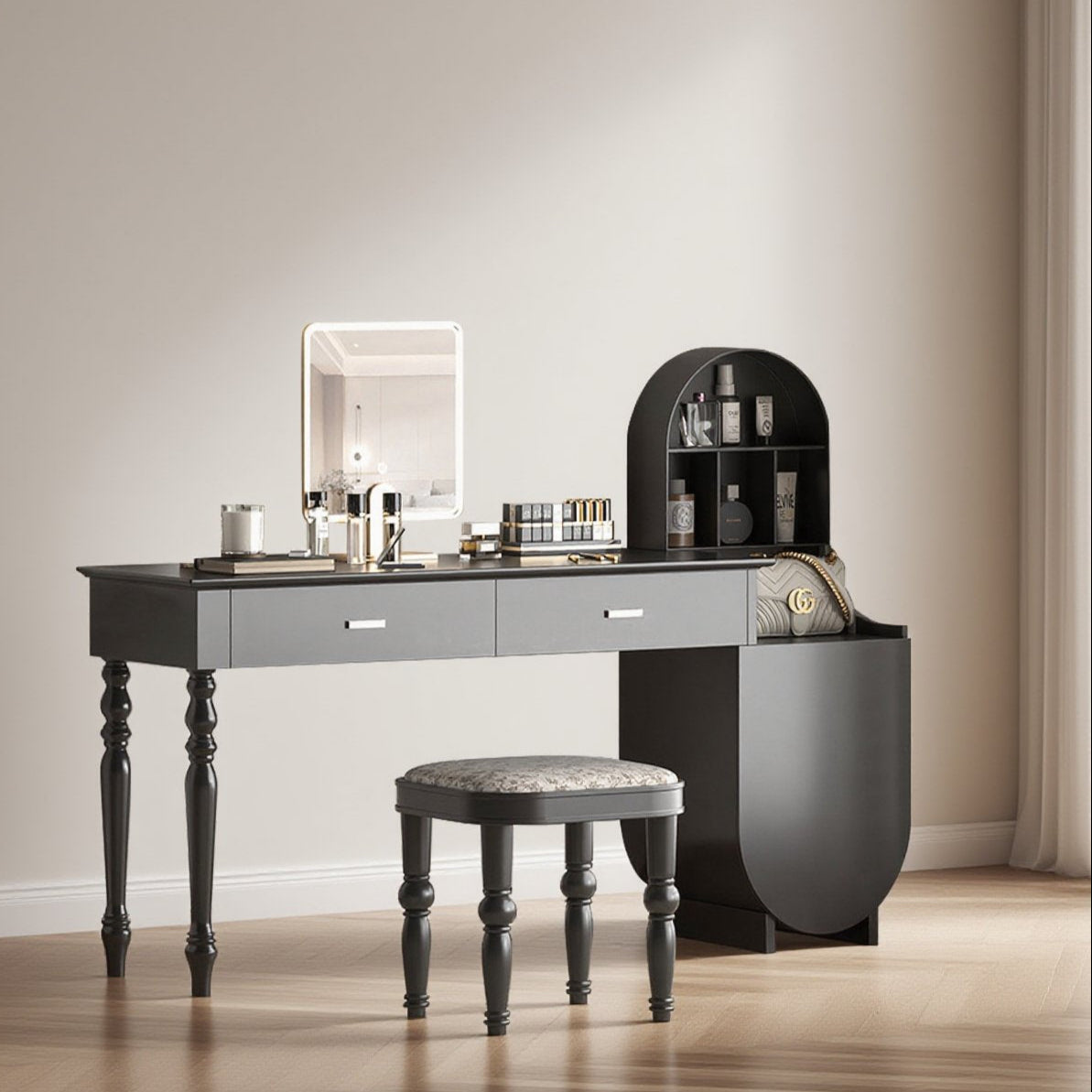 Mid-Century Makeup Vanity with Arched Chest of Drawers