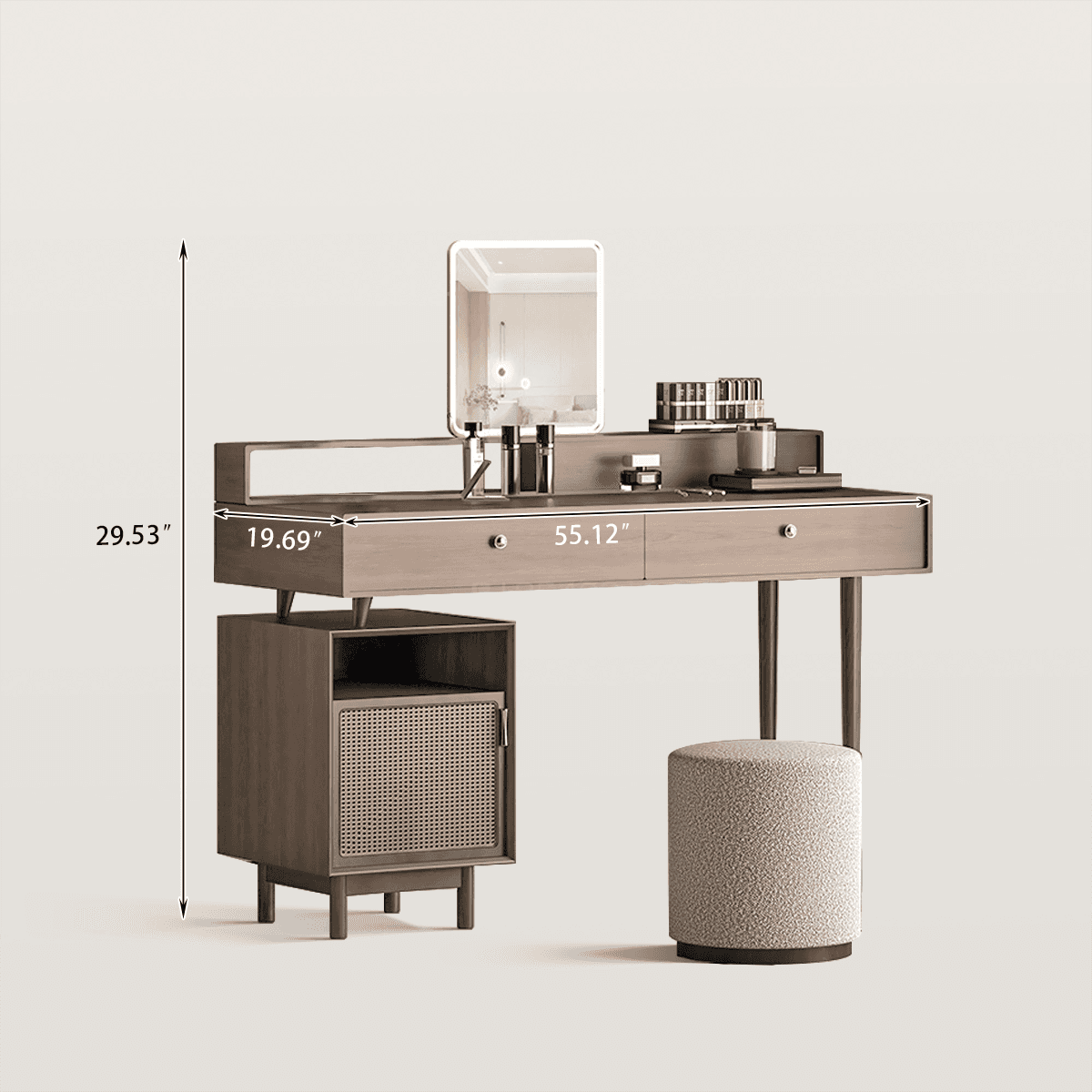 Mid-century LED Mirror Makeup Vanity Set with Rattan Side Cabinet