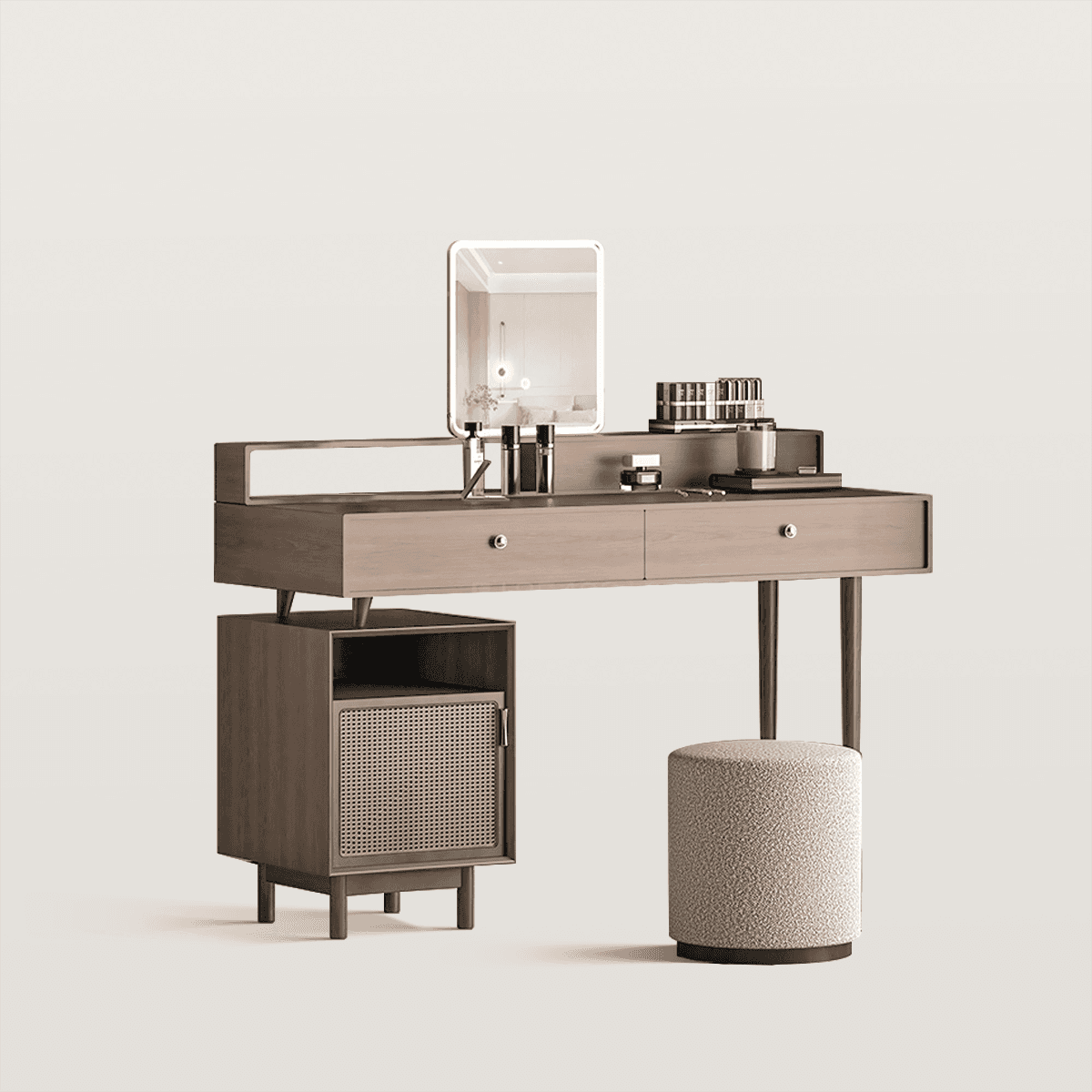 Mid-century LED Mirror Makeup Vanity Set with Rattan Side Cabinet