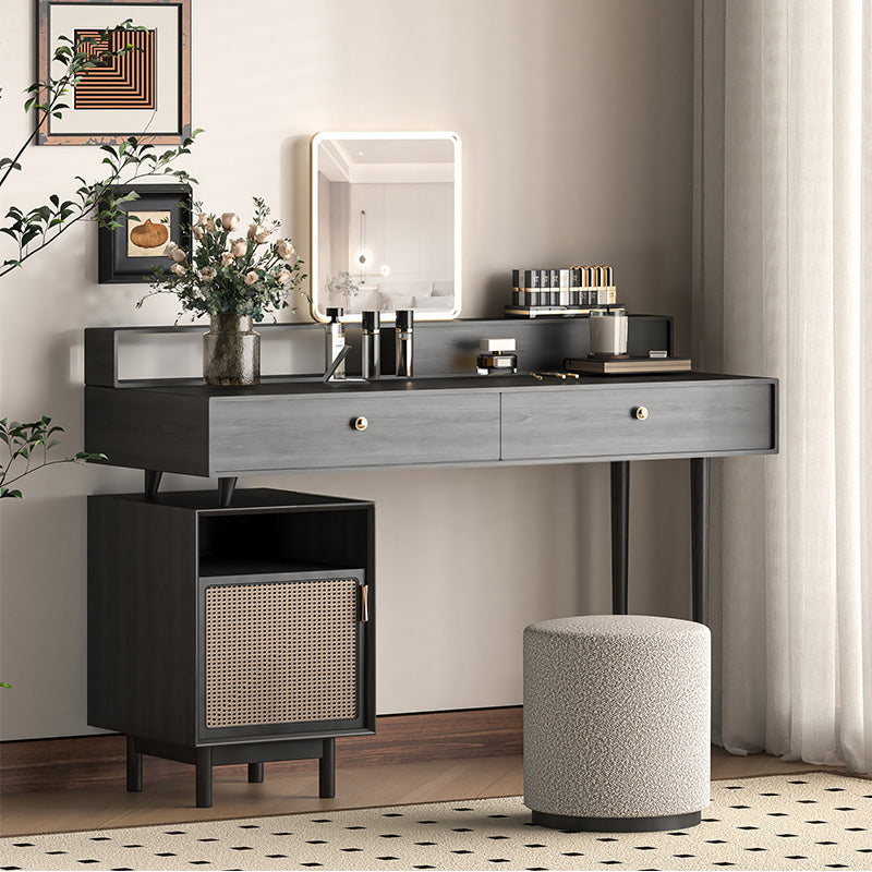 Mid-century LED Mirror Makeup Vanity Set with Rattan Side Cabinet