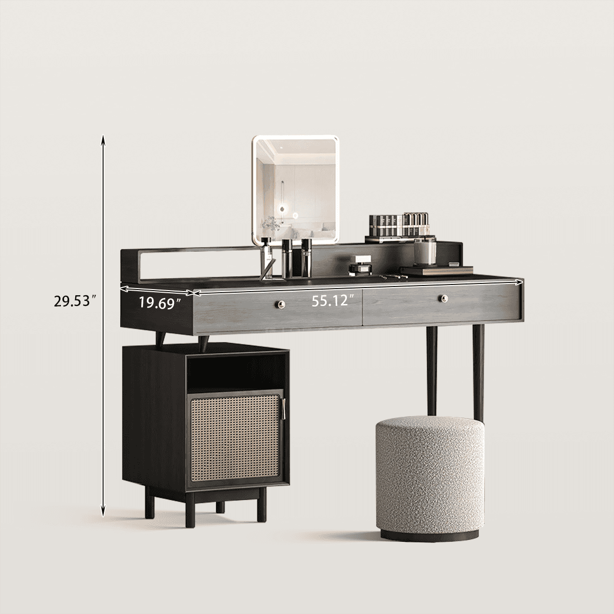 Mid-century LED Mirror Makeup Vanity Set with Rattan Side Cabinet