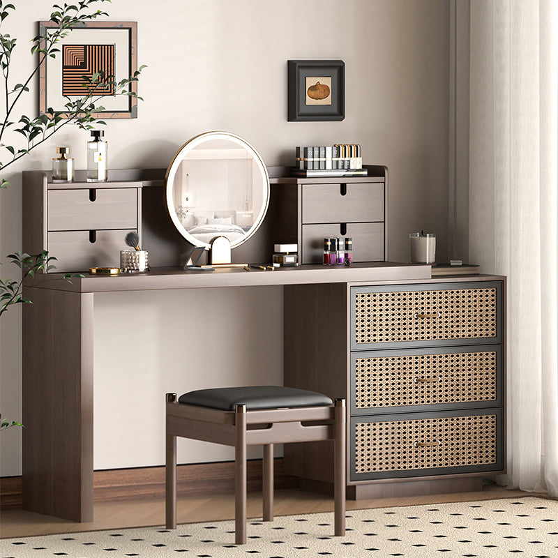 Mid-Century Rattan Drawer Makeup Vanity with Round LED Mirror