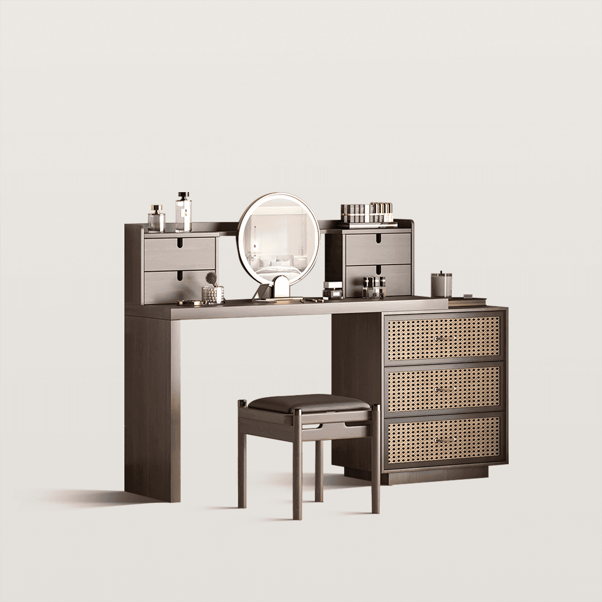 Mid-Century Rattan Drawer Makeup Vanity with Round LED Mirror