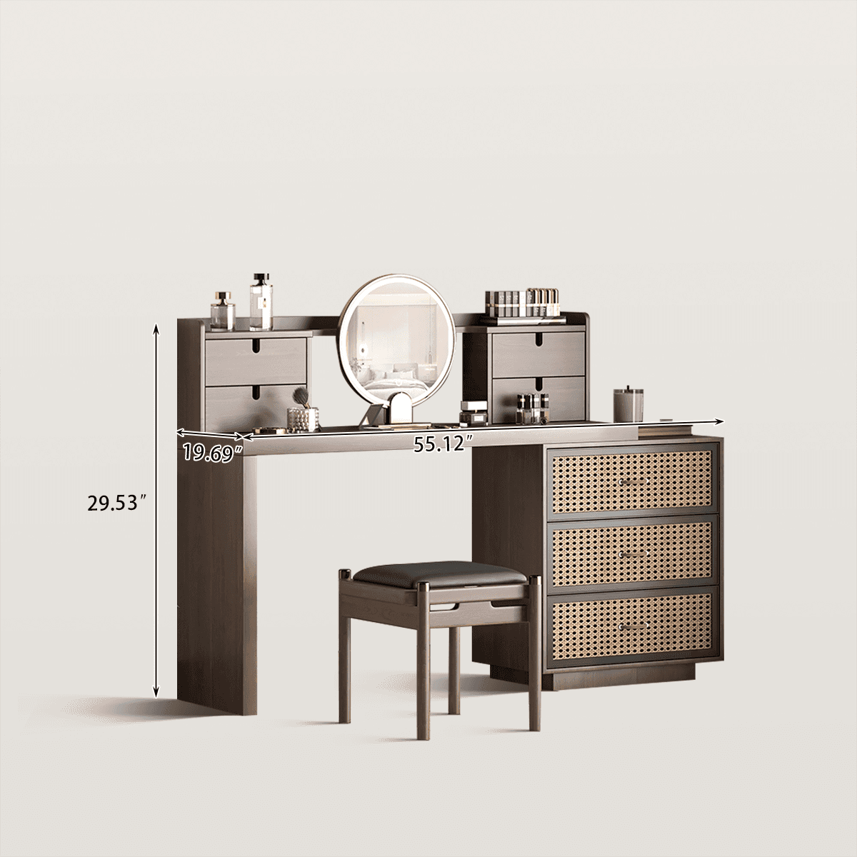 Mid-Century Rattan Drawer Makeup Vanity with Round LED Mirror