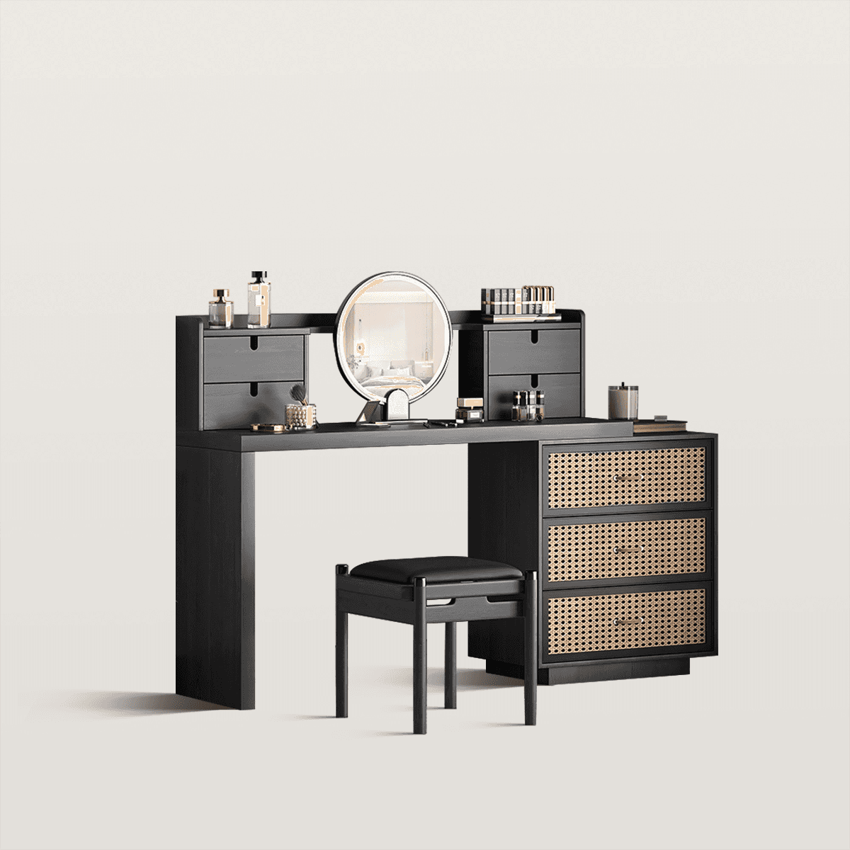 Mid-Century Rattan Drawer Makeup Vanity with Round LED Mirror