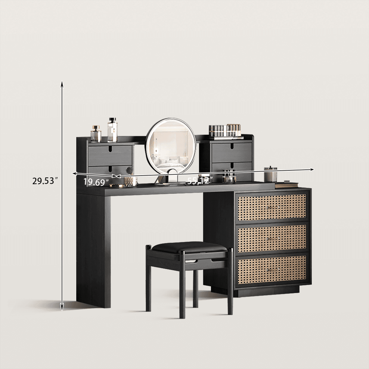 Mid-Century Rattan Drawer Makeup Vanity with Round LED Mirror