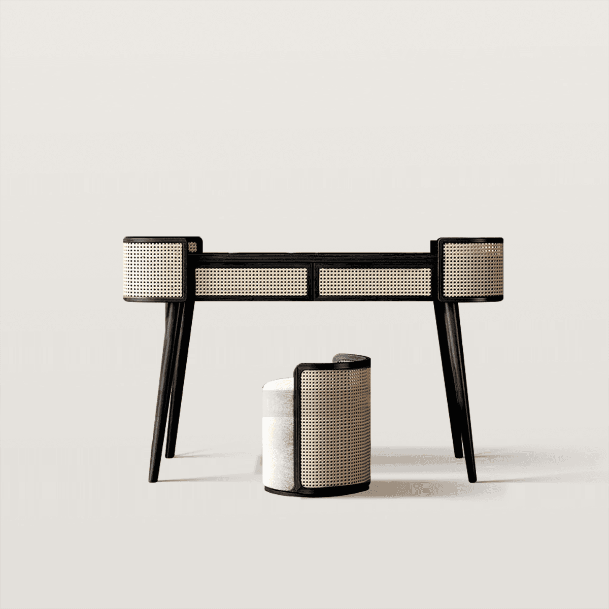 Mid-Century Modern Rattan Makeup Vanity Desk