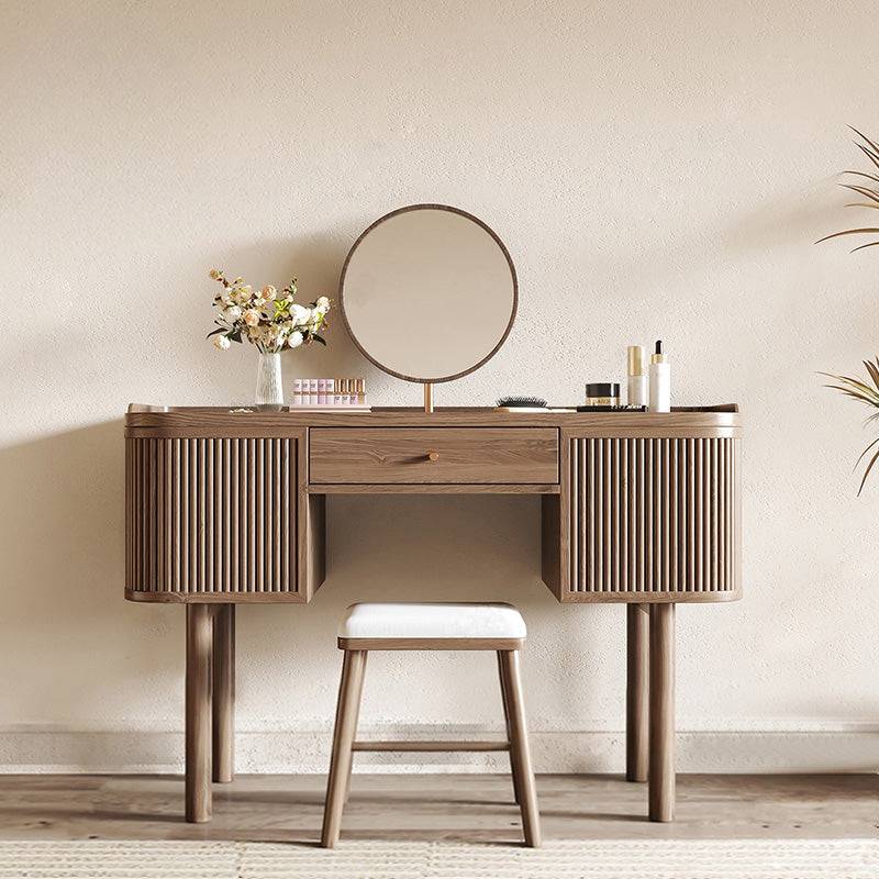 Mid-Century Makeup Vanity Desk with Fluted Double Cabinets