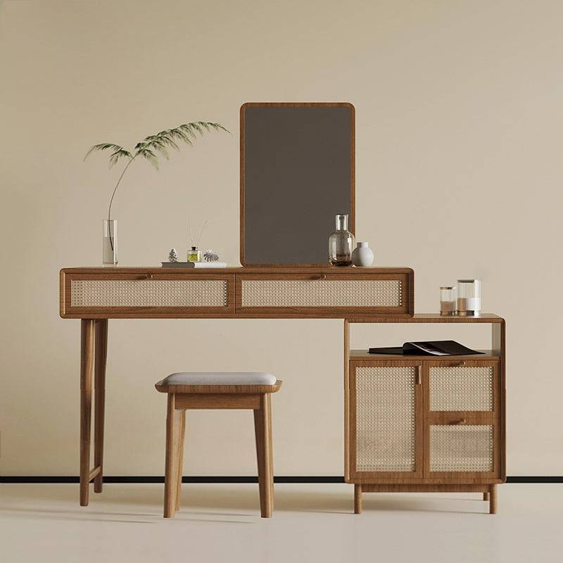 Mid-Century Rattan Makeup Vanity with Stool & Side Cabinet