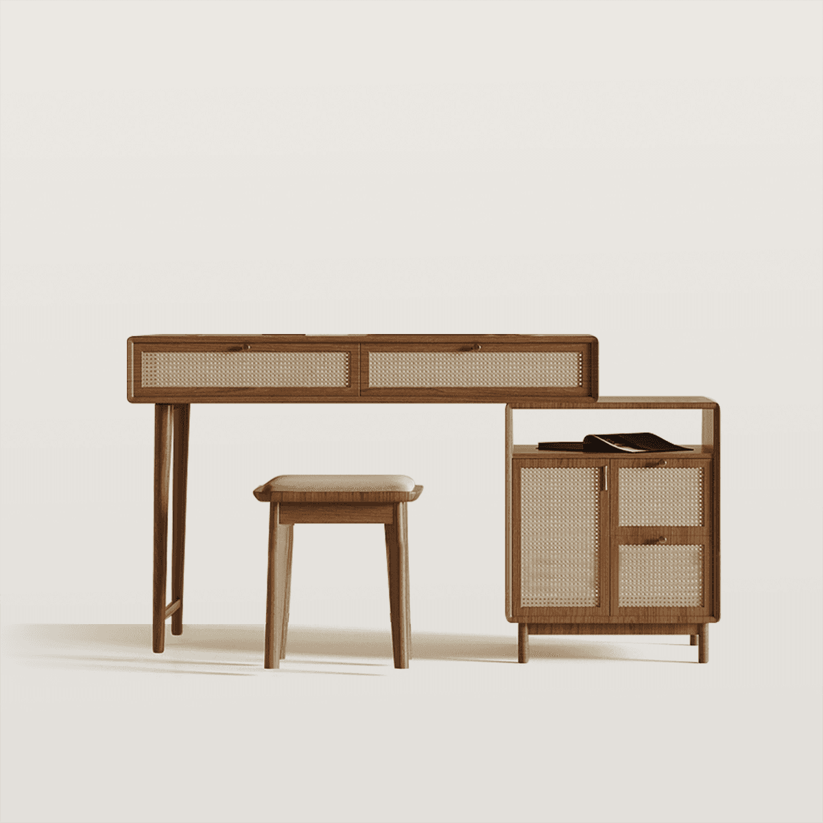 Mid-Century Rattan Makeup Vanity with Stool & Side Cabinet