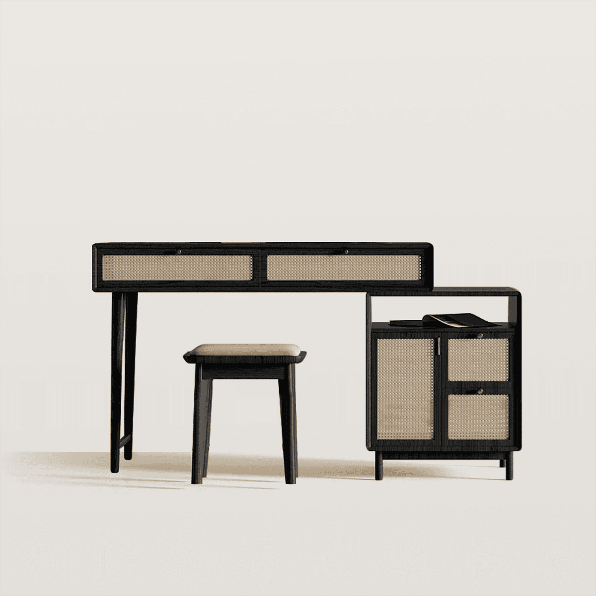 Mid-Century Rattan Makeup Vanity with Stool & Side Cabinet