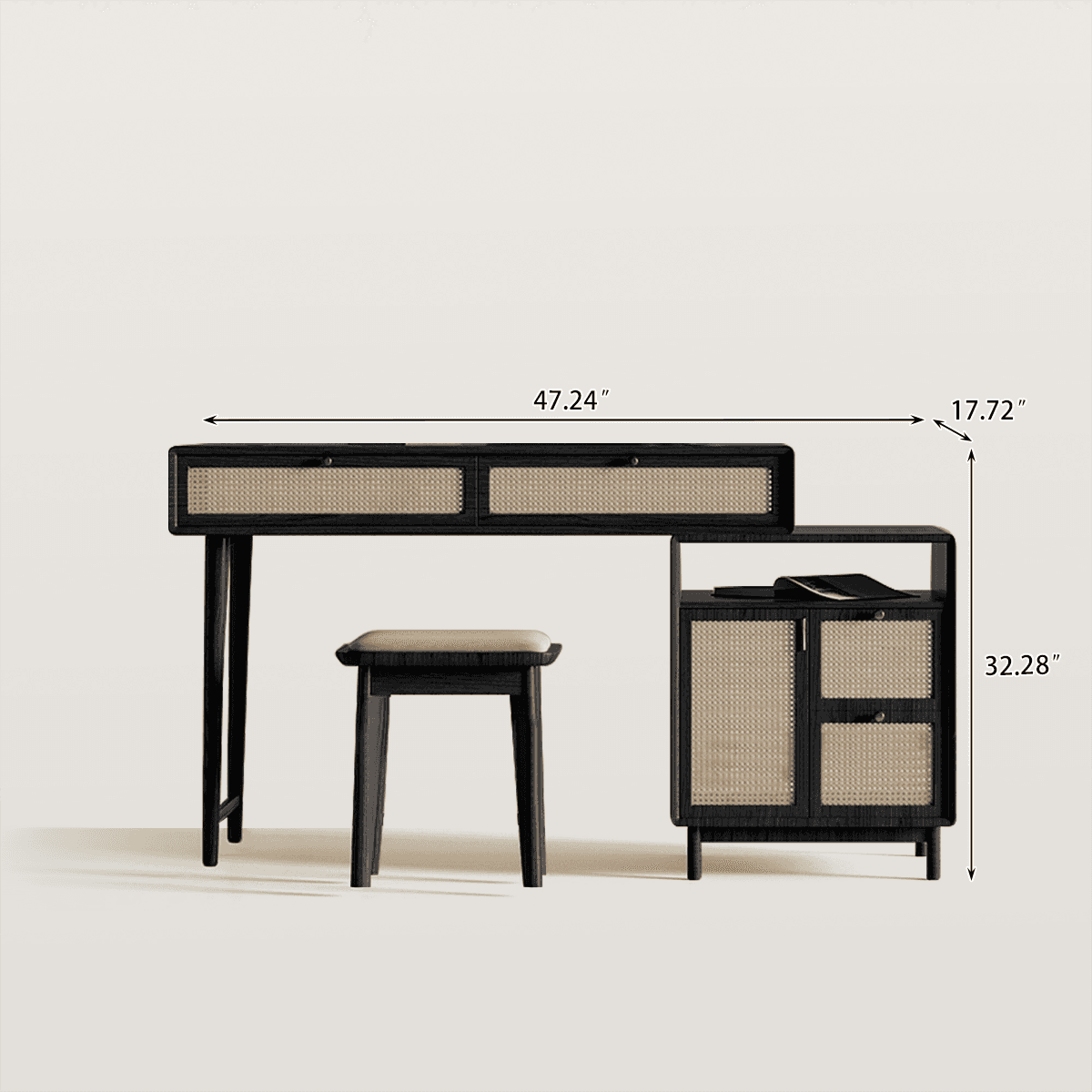 Mid-Century Rattan Makeup Vanity with Stool & Side Cabinet