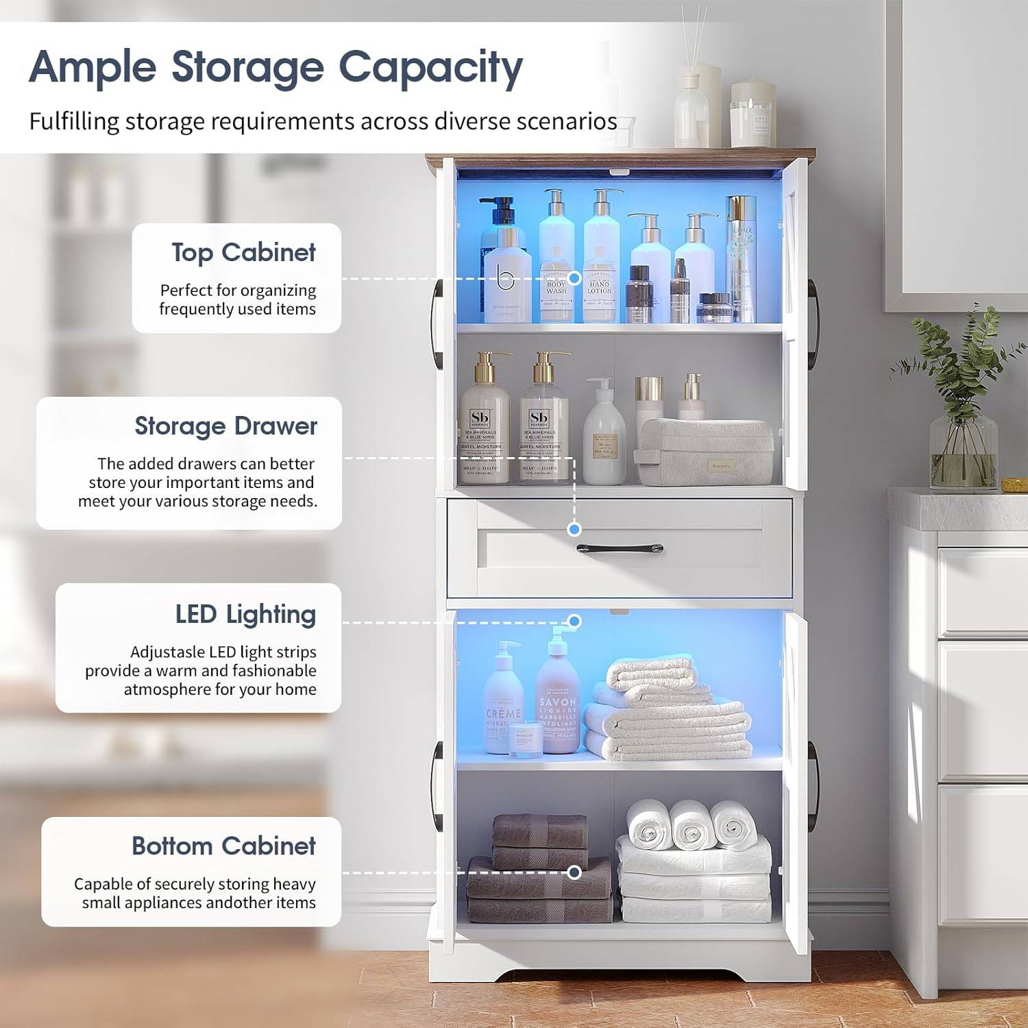 50.3in Farmhouse Bathroom Floor Storage Cabinet with LED Lights