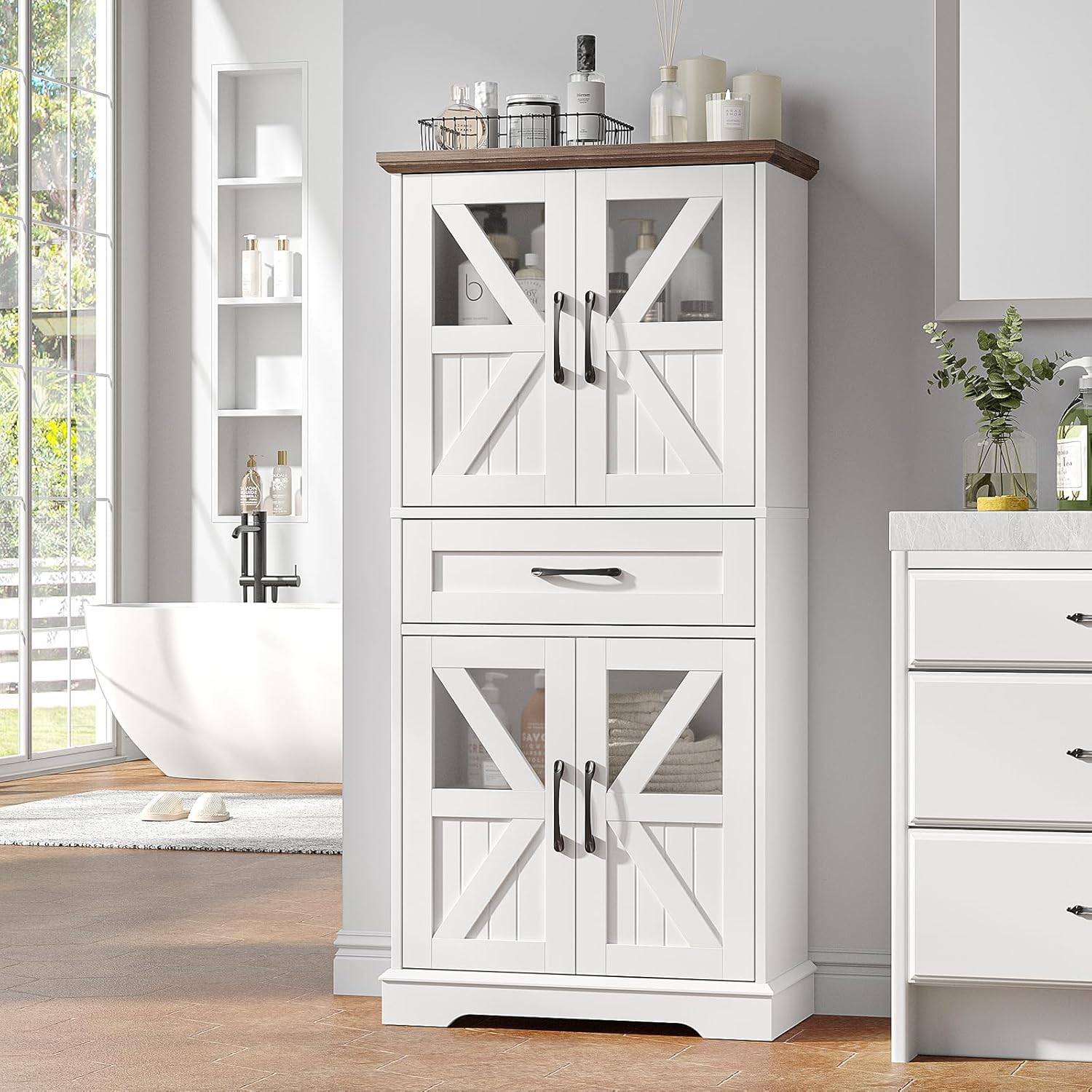 50.3in Farmhouse Bathroom Floor Storage Cabinet with LED Lights