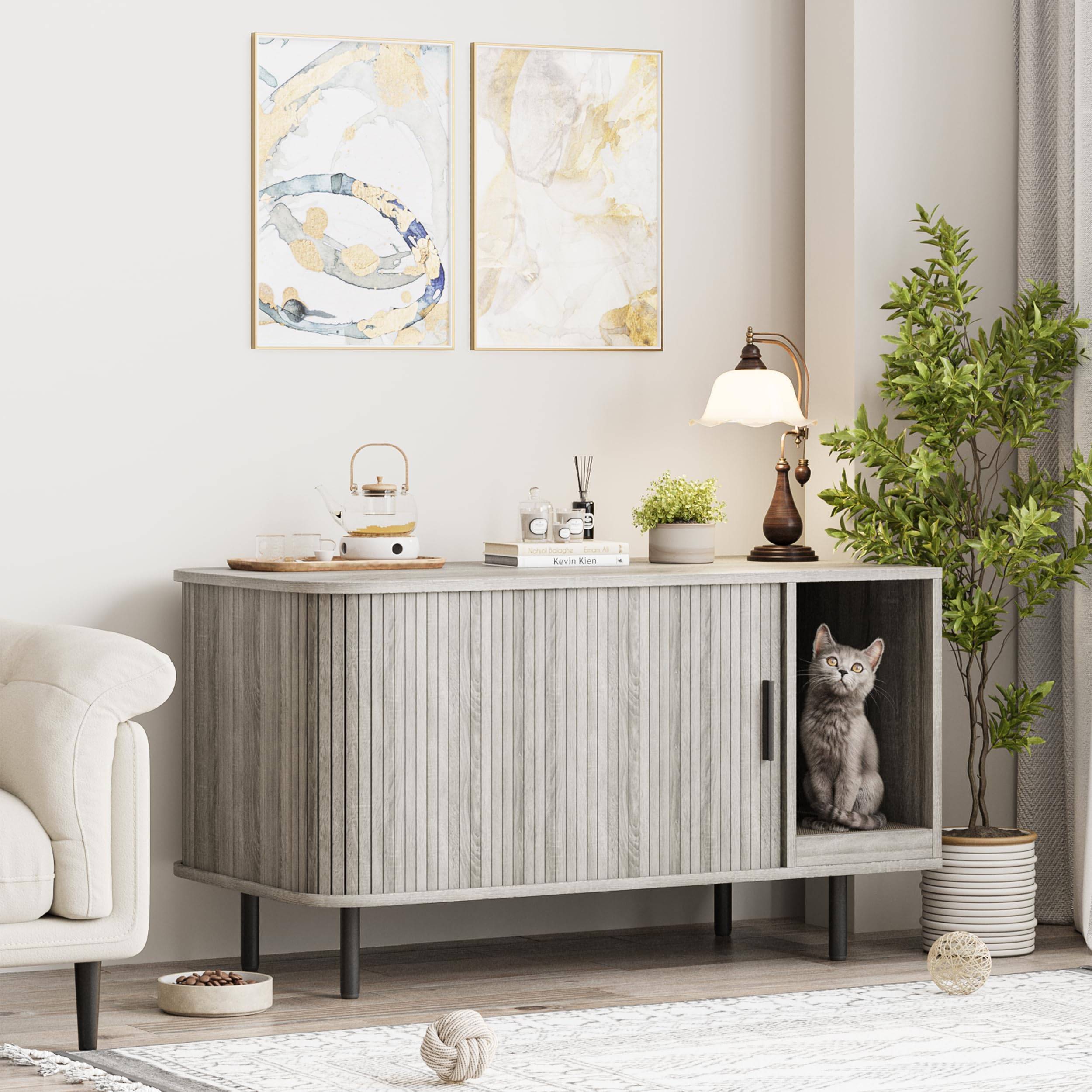 37.4in Cat Litter Box Enclosure with Cat Scratch Pad & Sliding Door