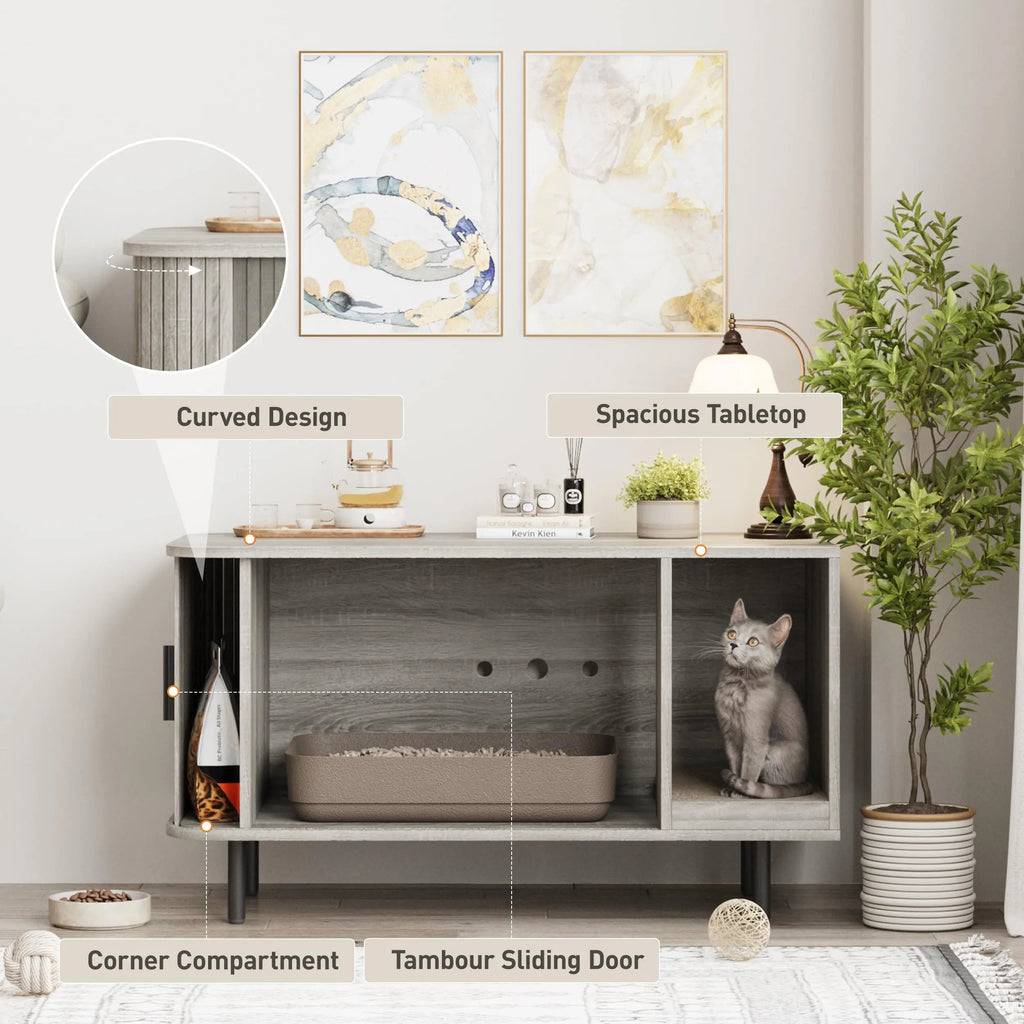 37.4in Cat Litter Box Enclosure with Cat Scratch Pad & Sliding Door