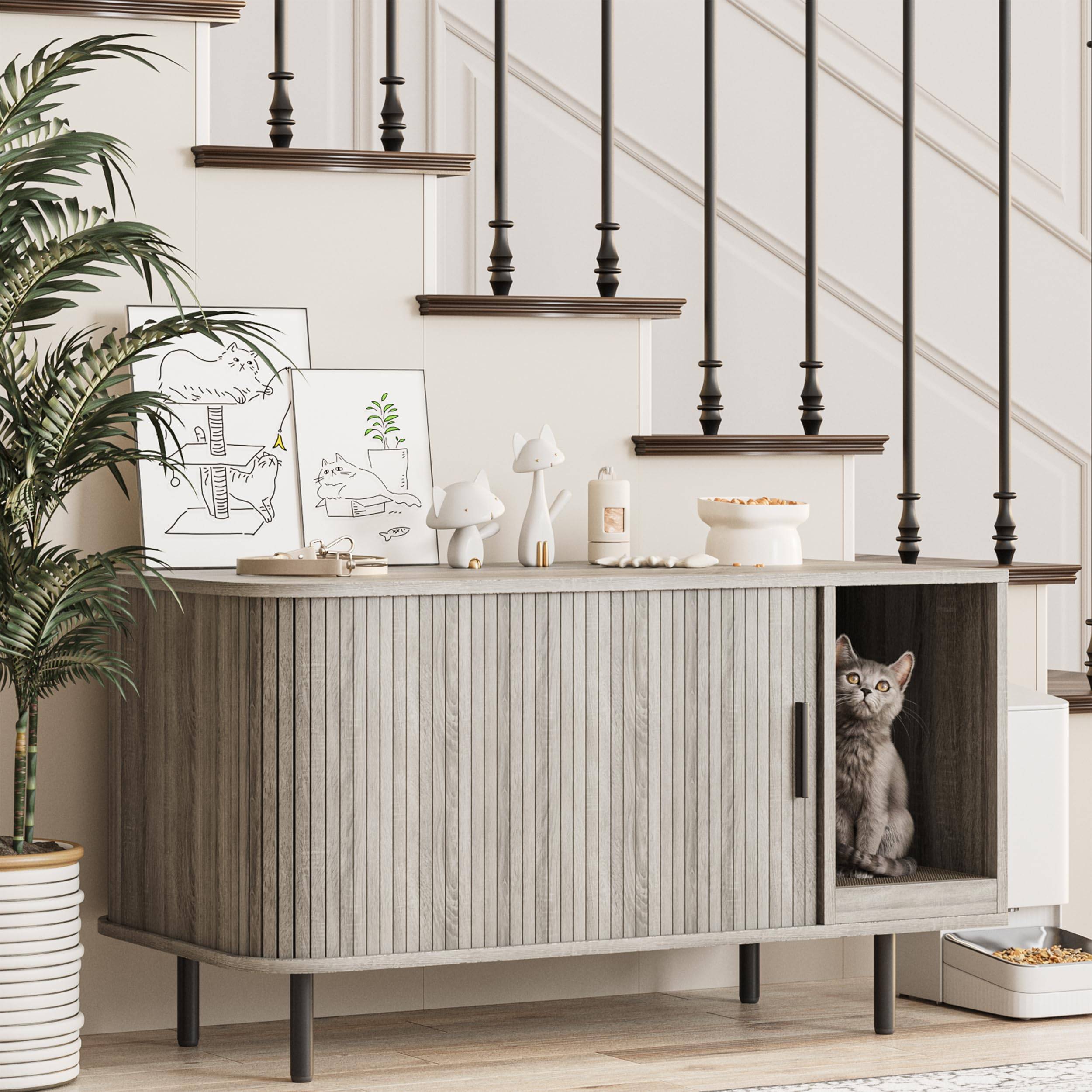 37.4in Cat Litter Box Enclosure with Cat Scratch Pad & Sliding Door