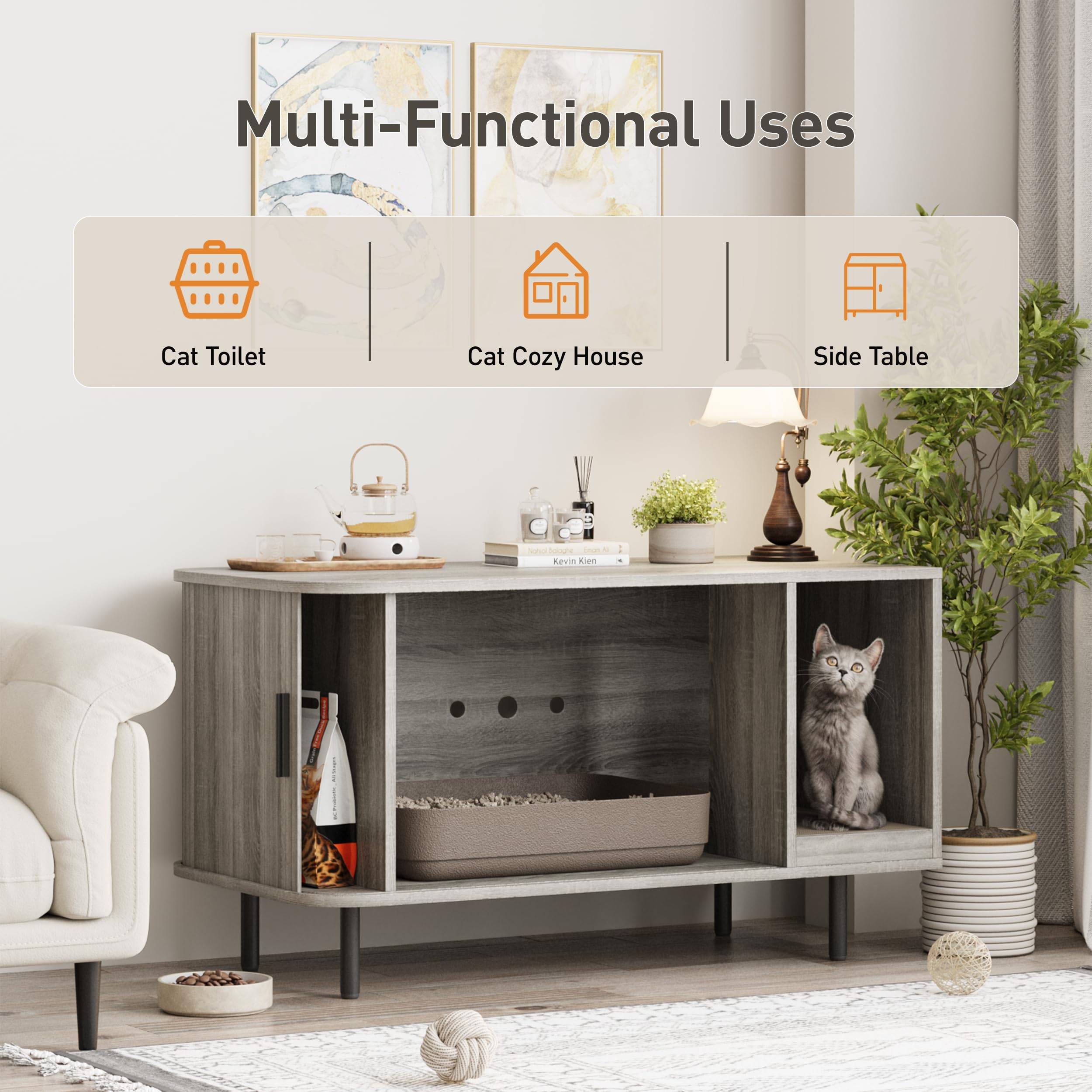 37.4in Cat Litter Box Enclosure with Cat Scratch Pad & Sliding Door