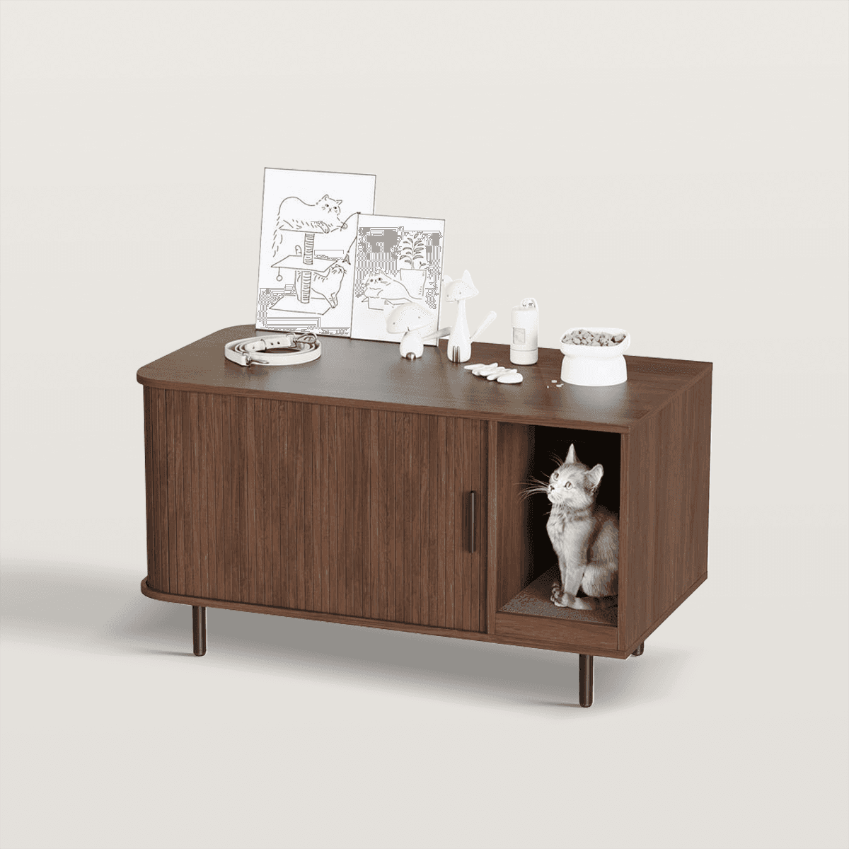 37.4in Cat Litter Box Enclosure with Cat Scratch Pad & Sliding Door