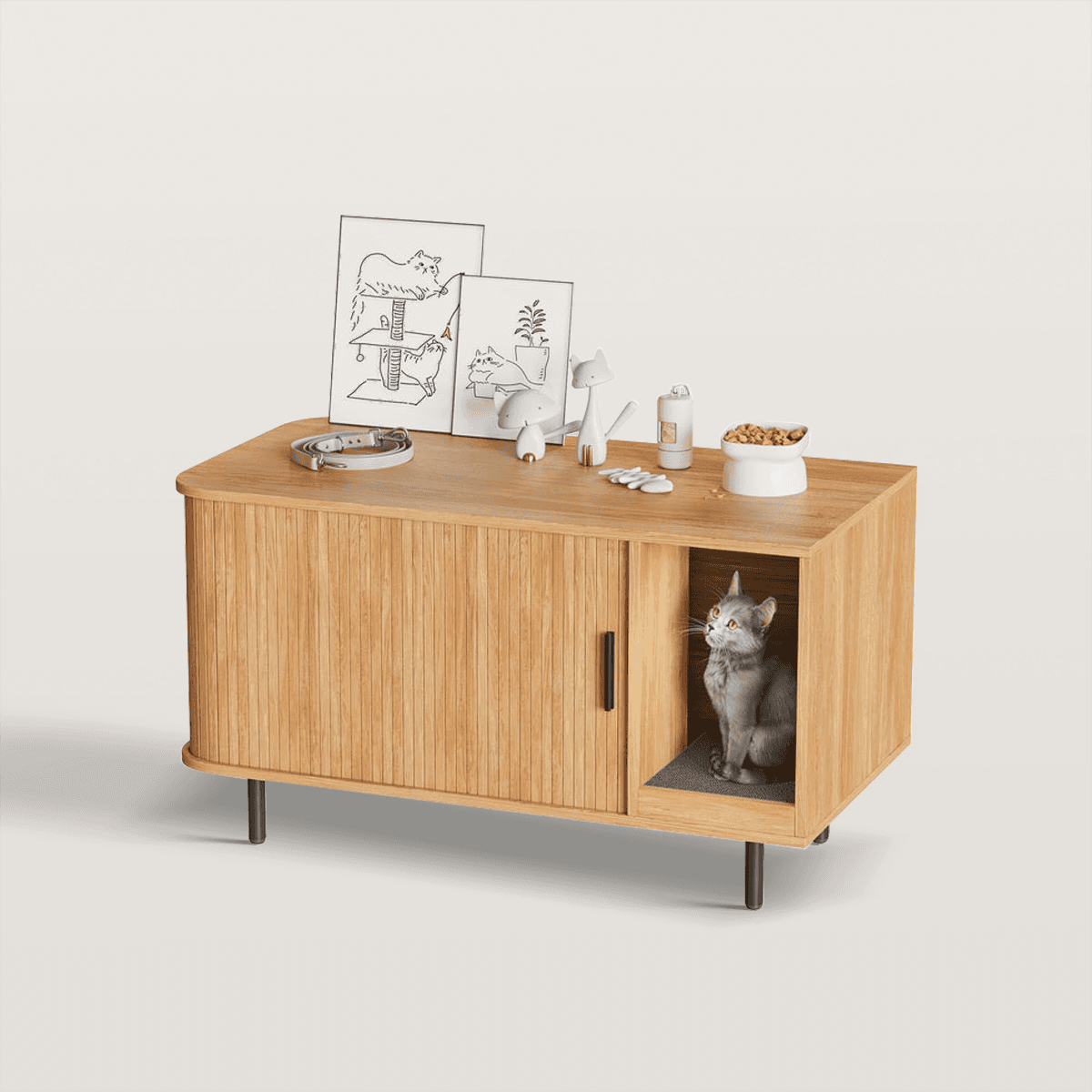 37.4in Cat Litter Box Enclosure with Cat Scratch Pad & Sliding Door