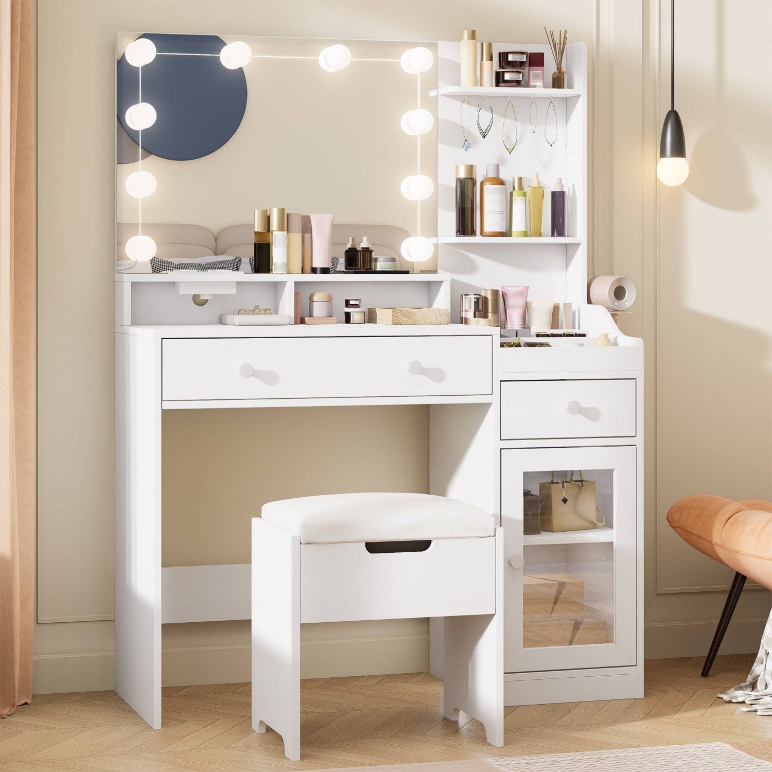39.8in Modern White Vanity Desk with Charging Station and Storage