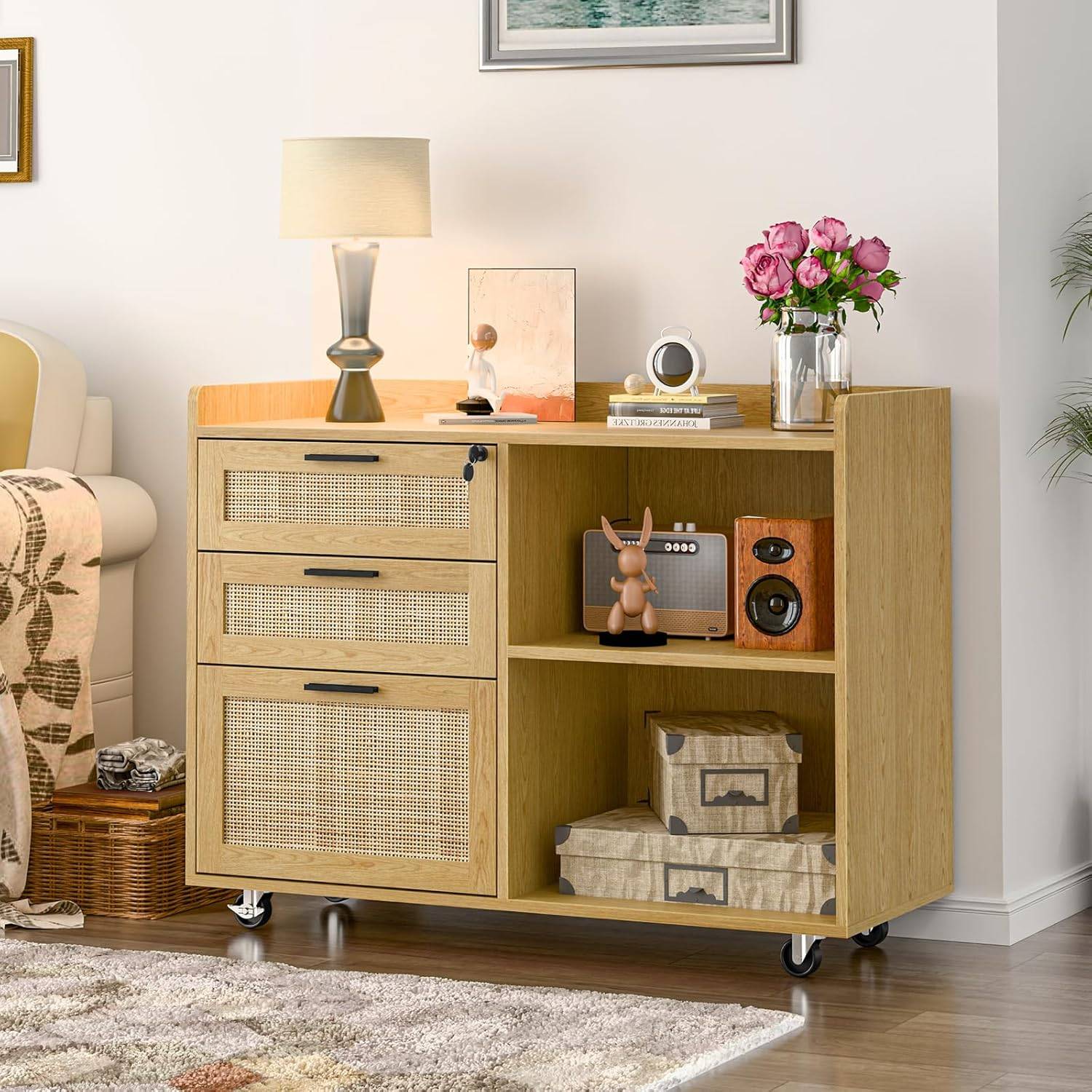 3 Rattan Drawer Lateral Filing Storage Cabinets with Lock