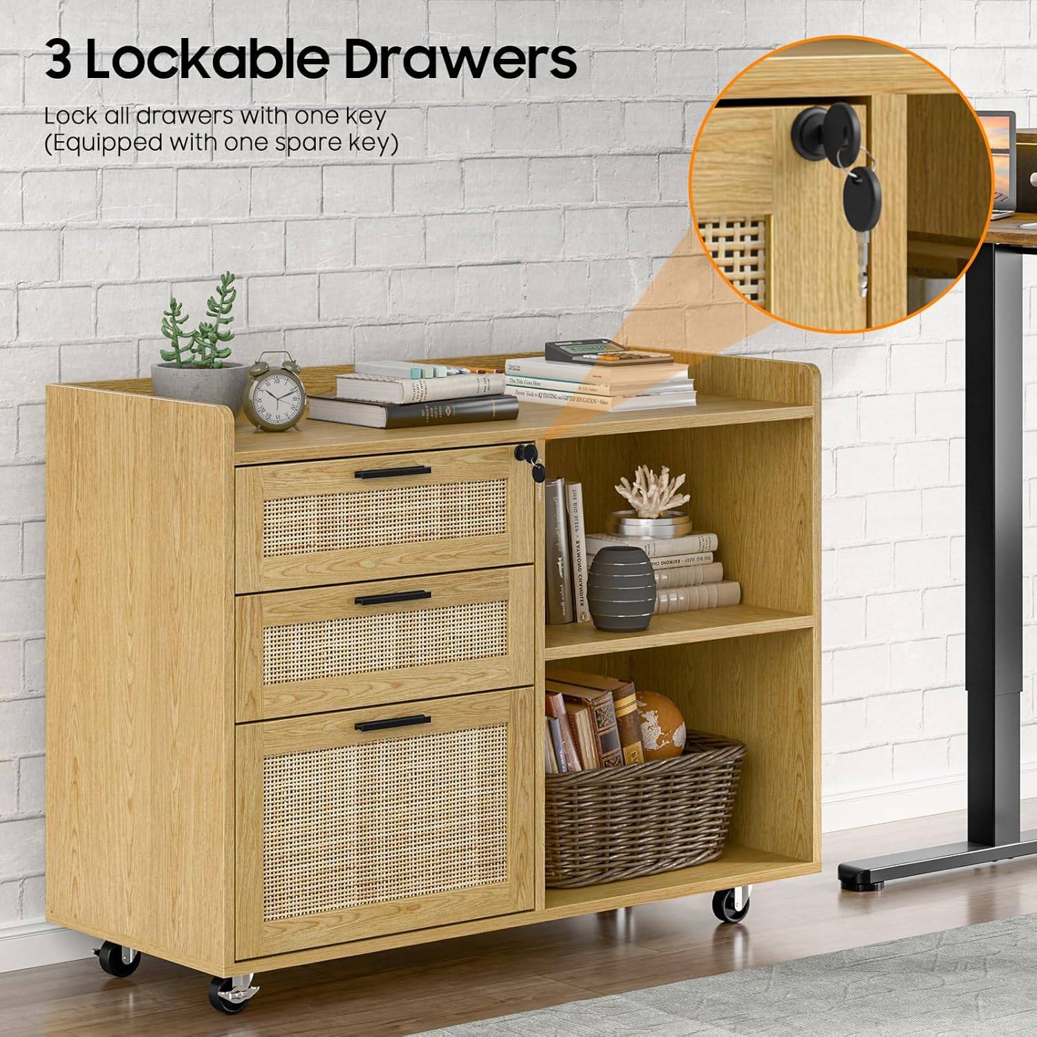 3 Rattan Drawer Lateral Filing Storage Cabinets with Lock