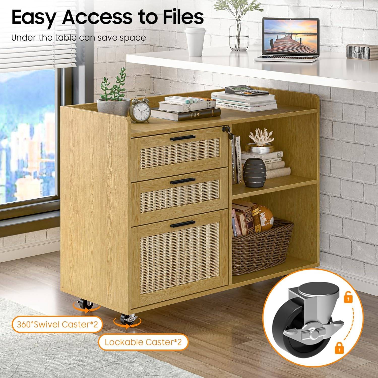 3 Rattan Drawer Lateral Filing Storage Cabinets with Lock